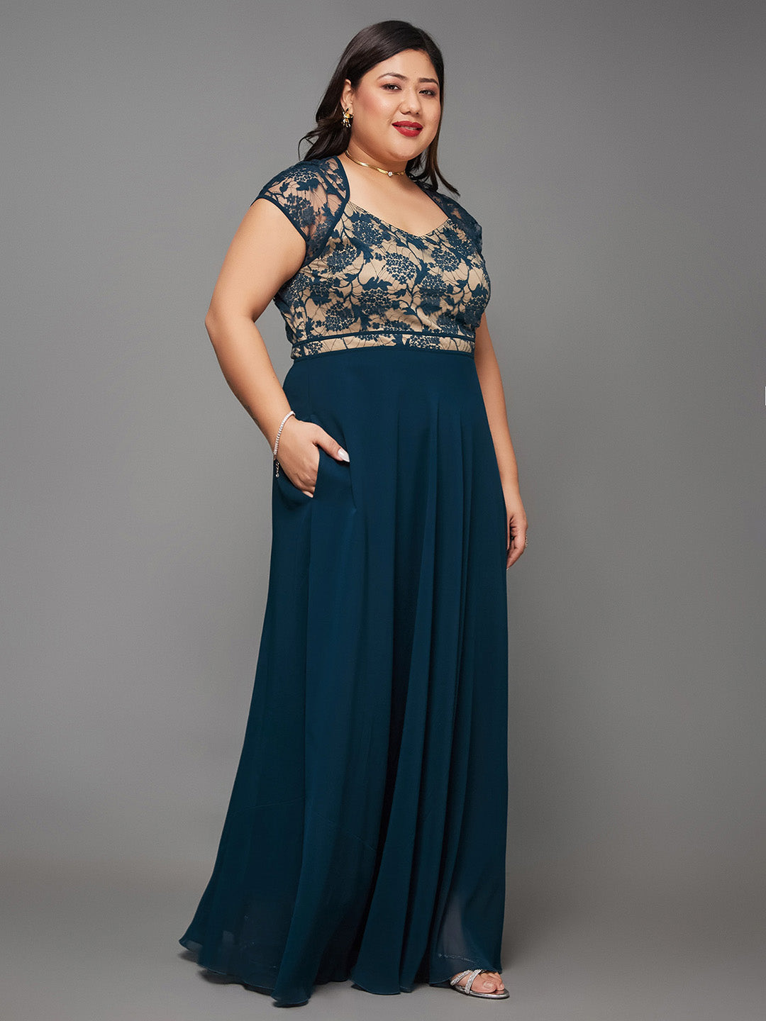 Teal Floral V - Neck Cap Short Sleeves Lace Overlaid Fit & Flare Paneled Maxi Dress for Women