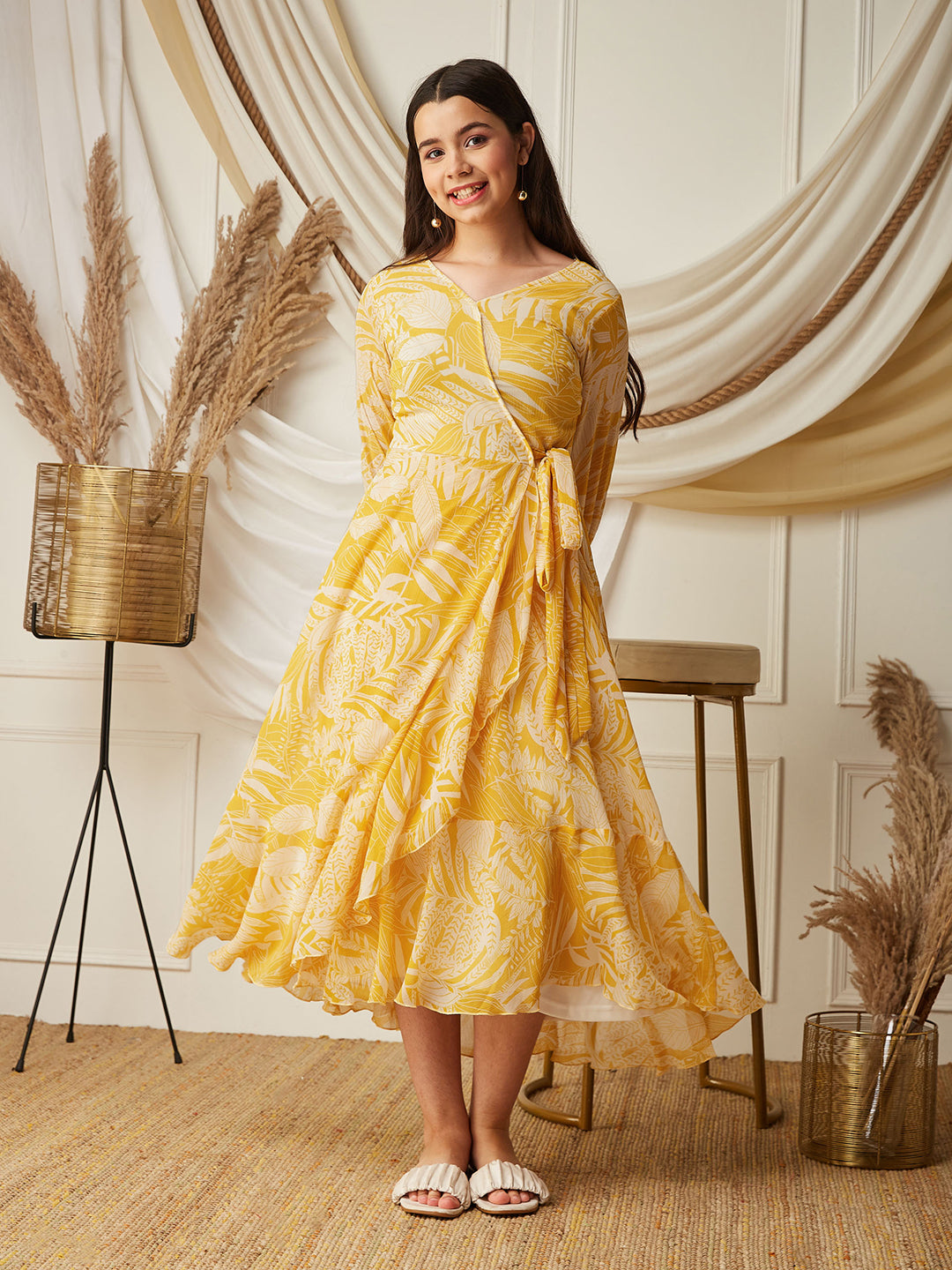 Yellow & White V neck Full sleeve Floral Layered Maxi Dress