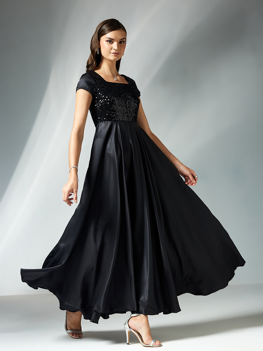 Women's Black Square Neck Short Sleeve Embellished Polyester Fit & Flare Maxi Dress