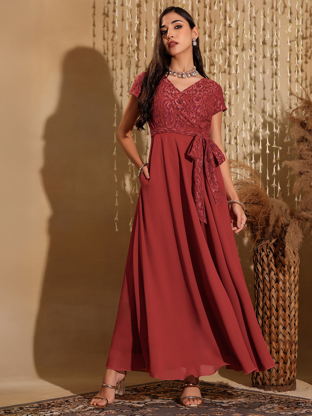 Women's Brick Red V-Neck Short Sleeve Self-Designed Lace Overlaid Georgette Maxi Dress