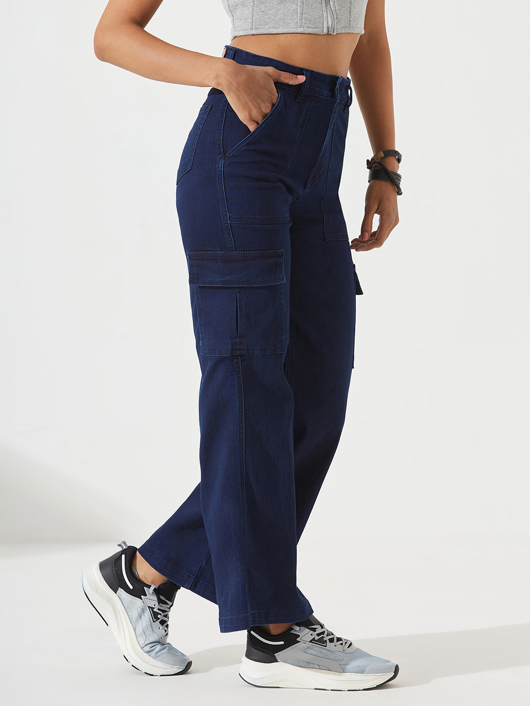Navy Blue Wide-Leg High-Rise Stretchable Denim Cargo Jeans For Women