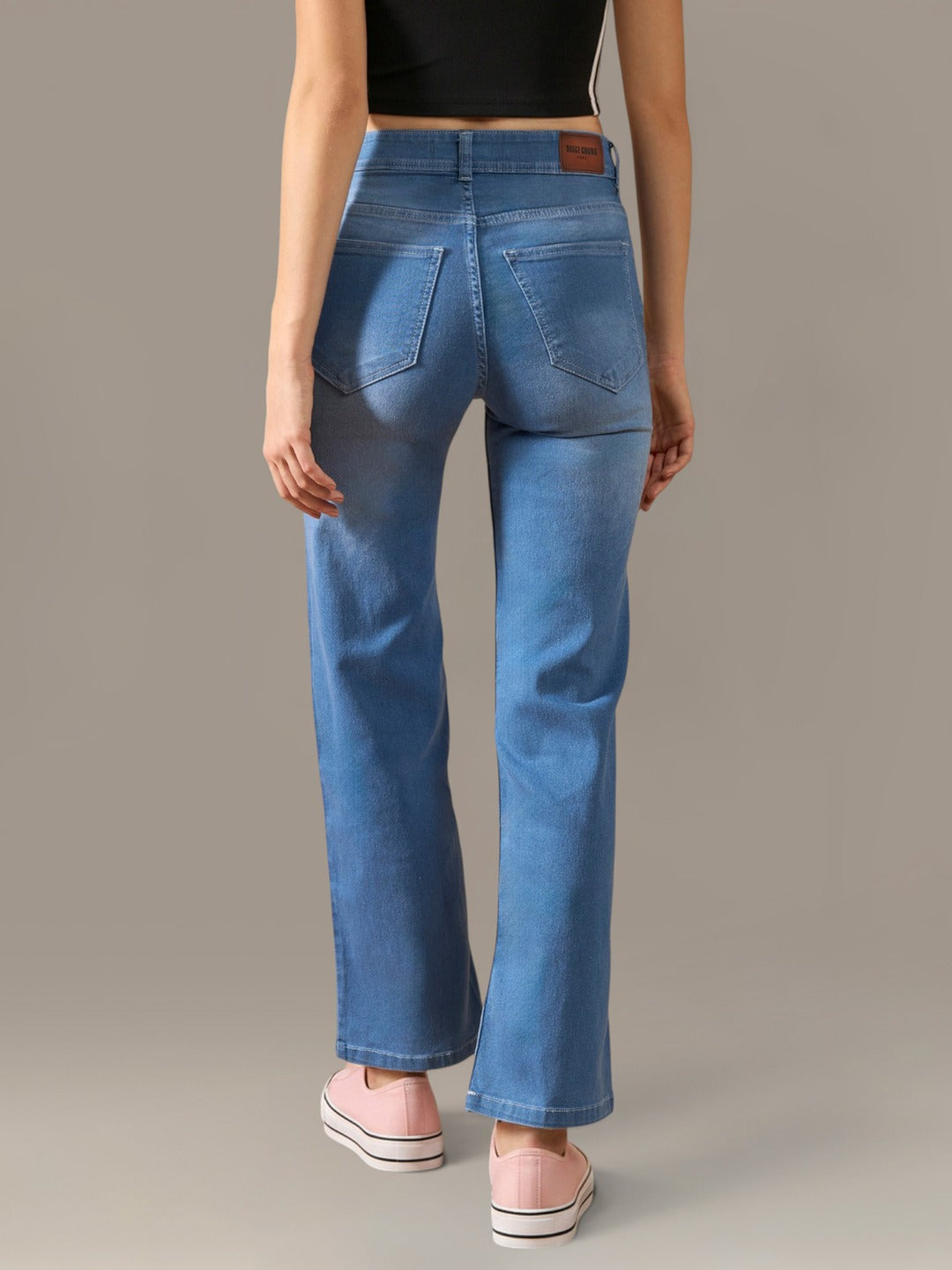 Light Blue Wide-Leg Mid Rise Blast Effect Light Weight Denim Jeans for Women