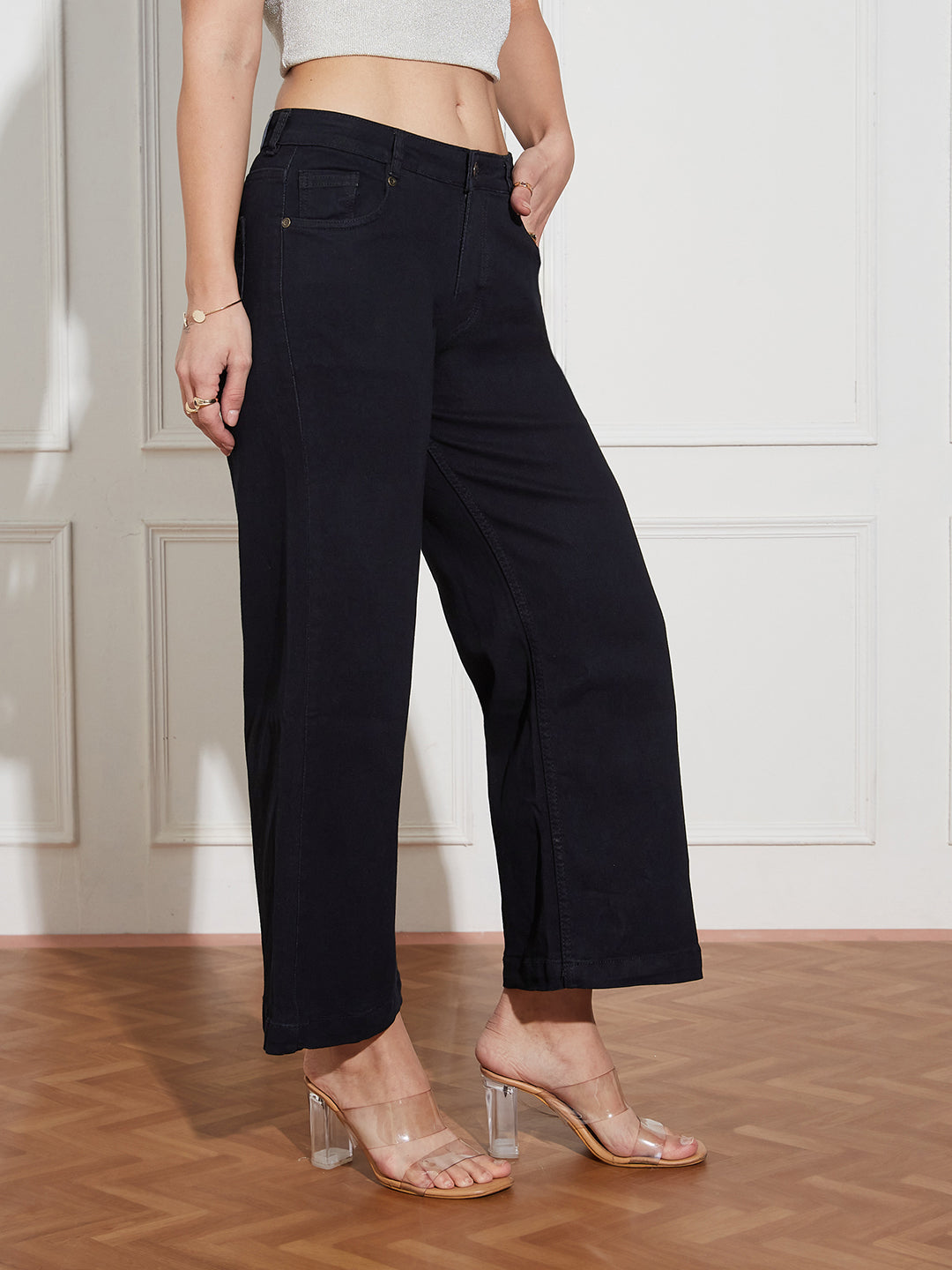 Black Wide-Leg Mid Rise Clean Look Cropped Stretchable Denim Jeans for Women