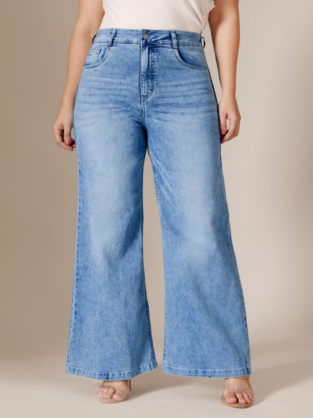 Light Blue Wide-Leg High Rise Clean Look Regular Length Stretchable Denim Jeans for Women
