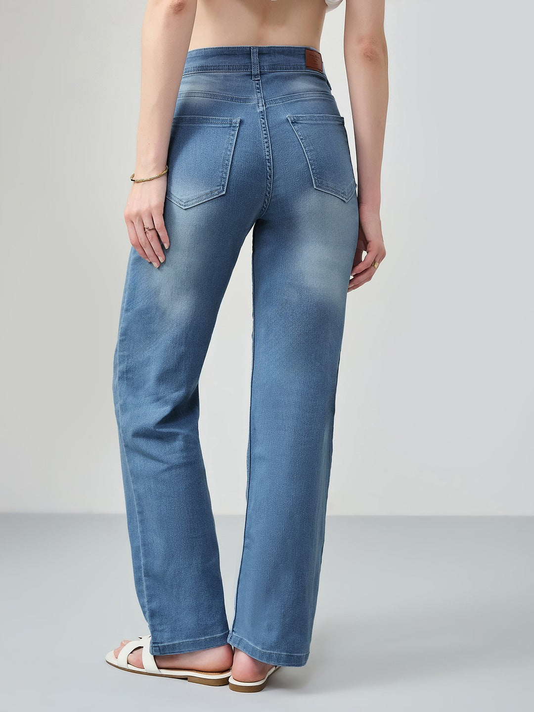 Light Blue Wide-Leg Mid Rise Blast Effect Light Weight Denim Jeans for Women