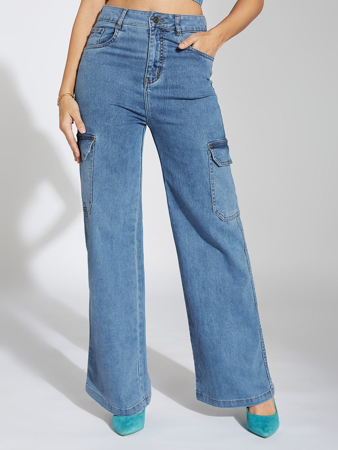 Women's Blue Wide-Leg High-Rise Heavy Wash Stretchable Cargo Denim Jeans