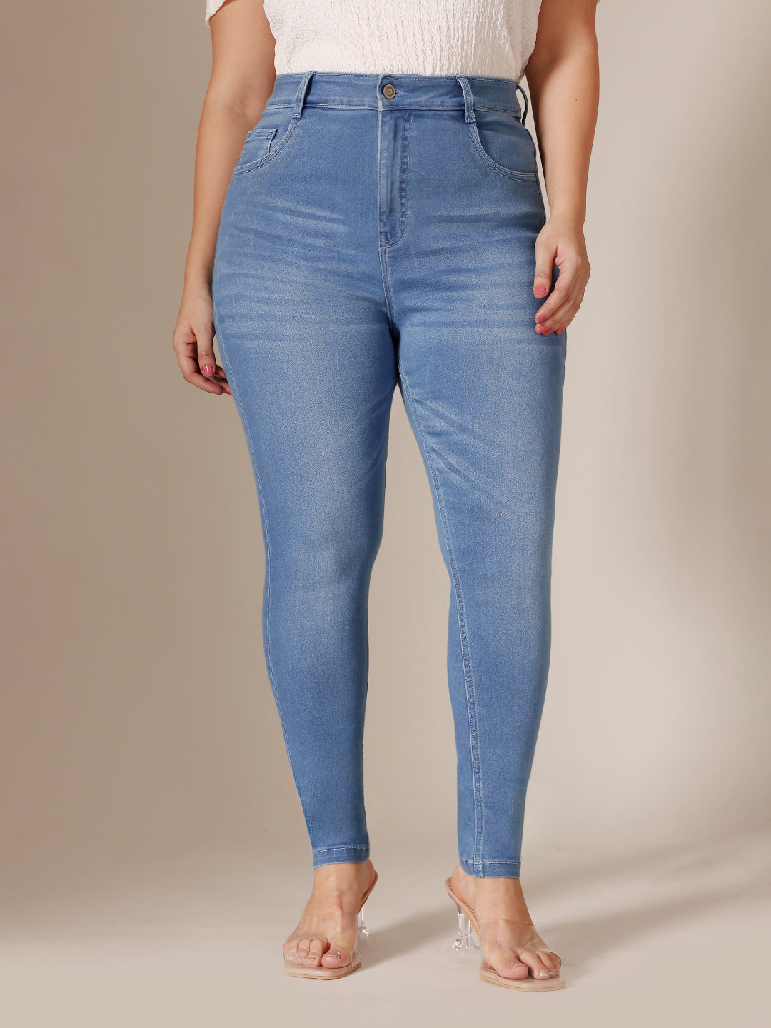 Light Blue Super Skinny High Rise Clean Look Regular Length Stretchable Denim Jeans for Women