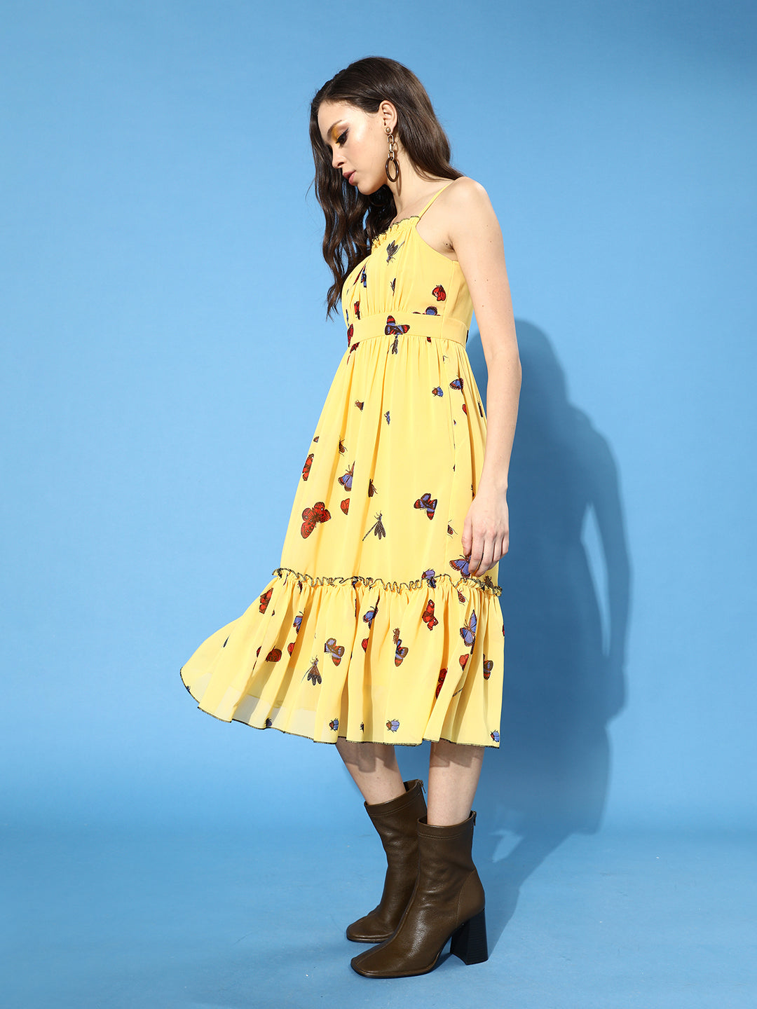 Women's Multicolored-Base-Yellow Square Sleeveless Printed Gathered Midi Dress