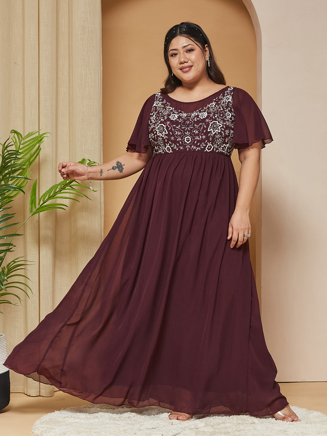 Wine Boat-Neck Half-Sleeves Solid Embellished Georgette Maxi Dress for Women