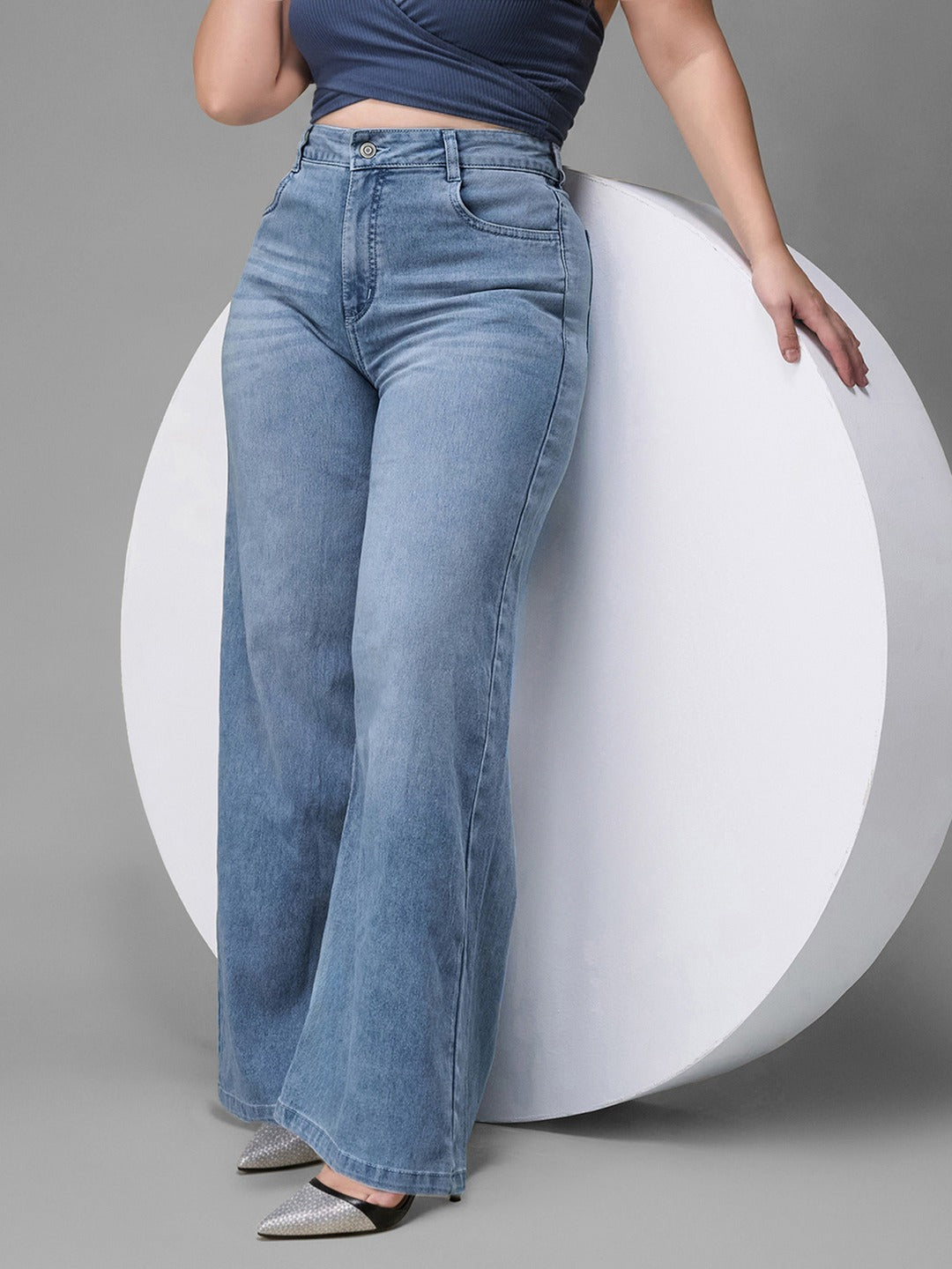 Light Blue Wide-Leg High Rise Stretchable Denim Jeans for Women