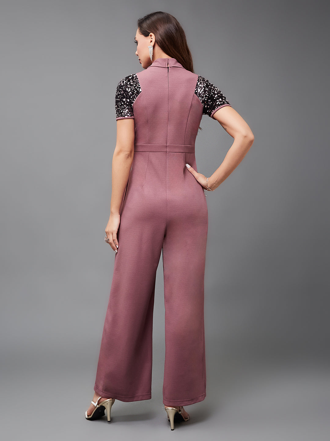Women's Mauve Collared Raglan Sleeve Embellished Wrap Jumpsuit
