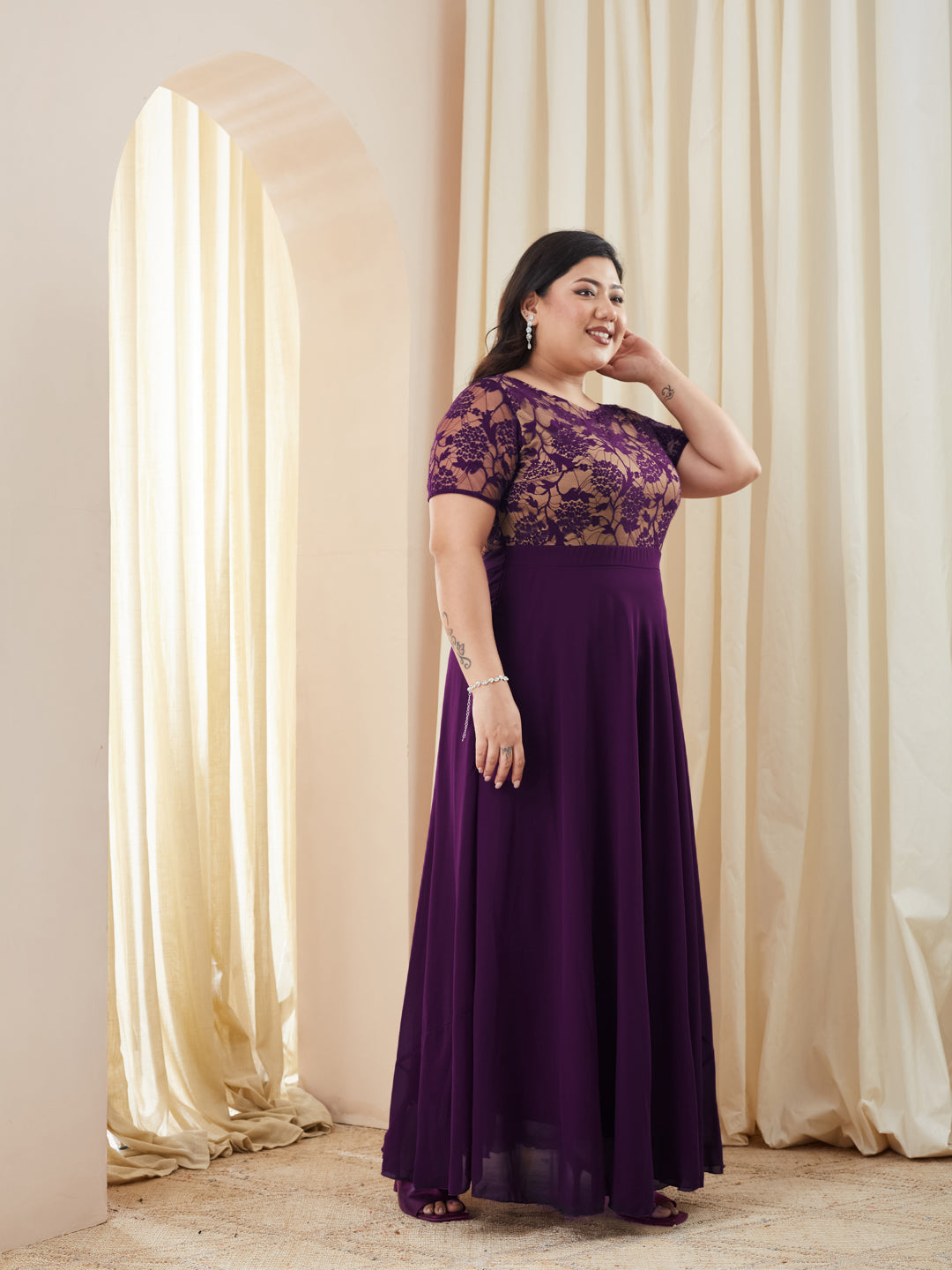 Dark Purple Round Neck Half Sleeve Self Design Fit & Flare Georgette Maxi Dress for Women