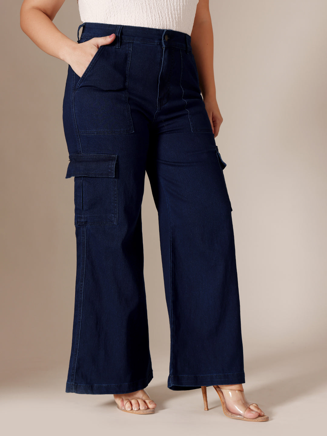 CHASEstretch™ Navy Blue Wide-Leg High-Rise Clean-Look Regular-Length Stretchable Denim Cargo Jeans for Women
