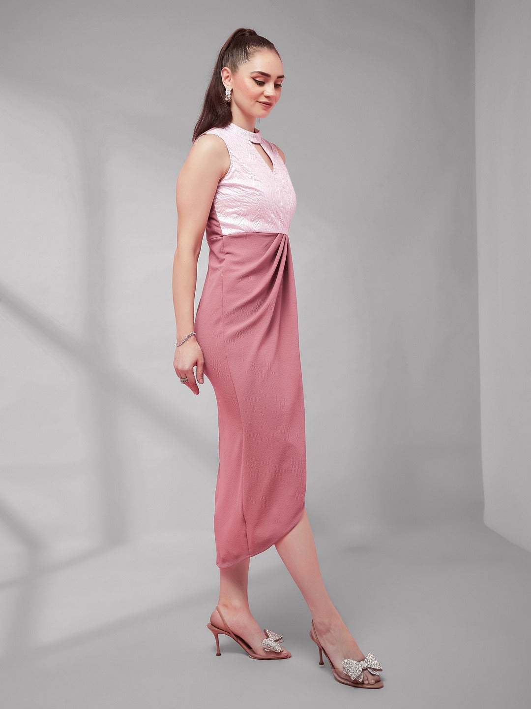 Dusty Pink Halter-Neck Sleeveless Self Designed Draped Polyester Midi Dress for Women