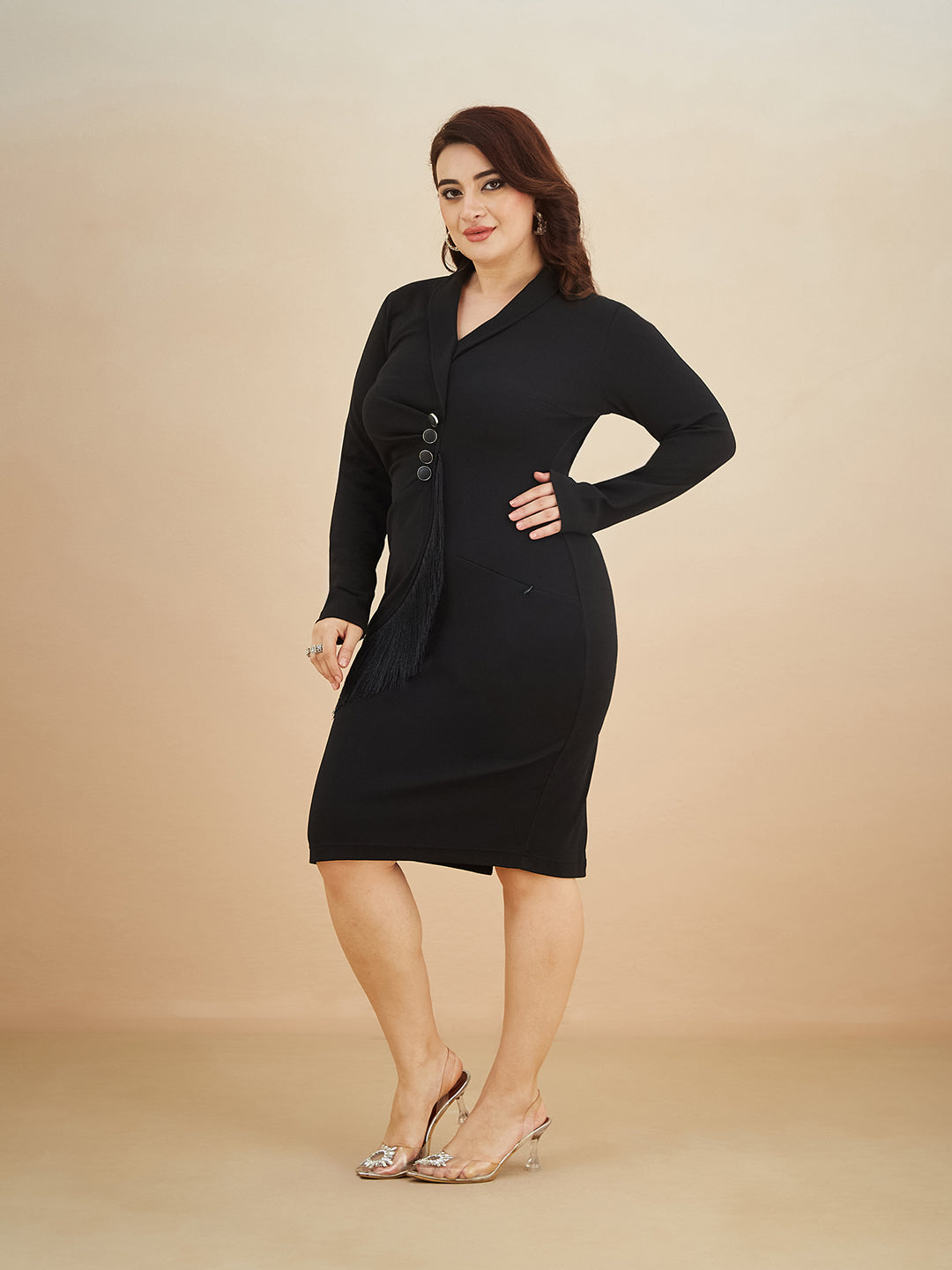 Black Solid Collared Neck Full Sleeve Polyester Bodycon Knee Length Dress for Women — Miss Chase A+