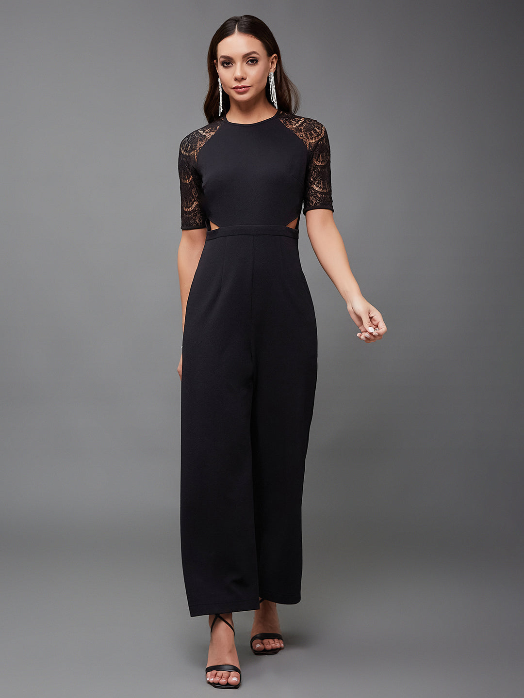 Crease Ease Women's Black Raglan Half Sleeve Solid Waist Cut-Out Jumpsuit