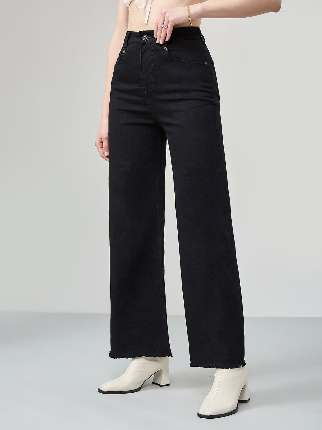 Black high-rise Stretchable Wide Leg Denim Jeans for Women