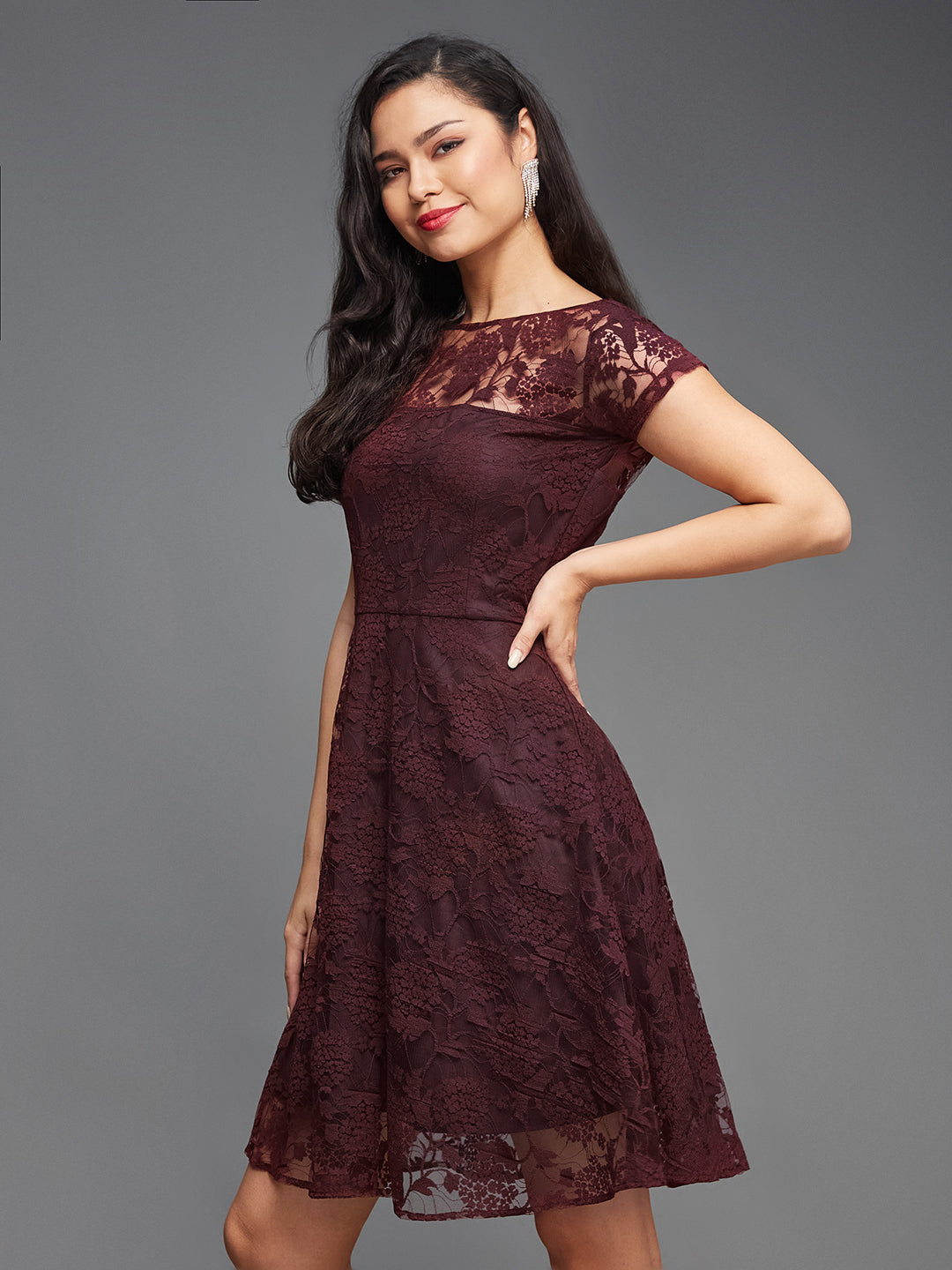 Women's Wine Round Neck Cap Sleeves Lace Knee-Long Skater Dress