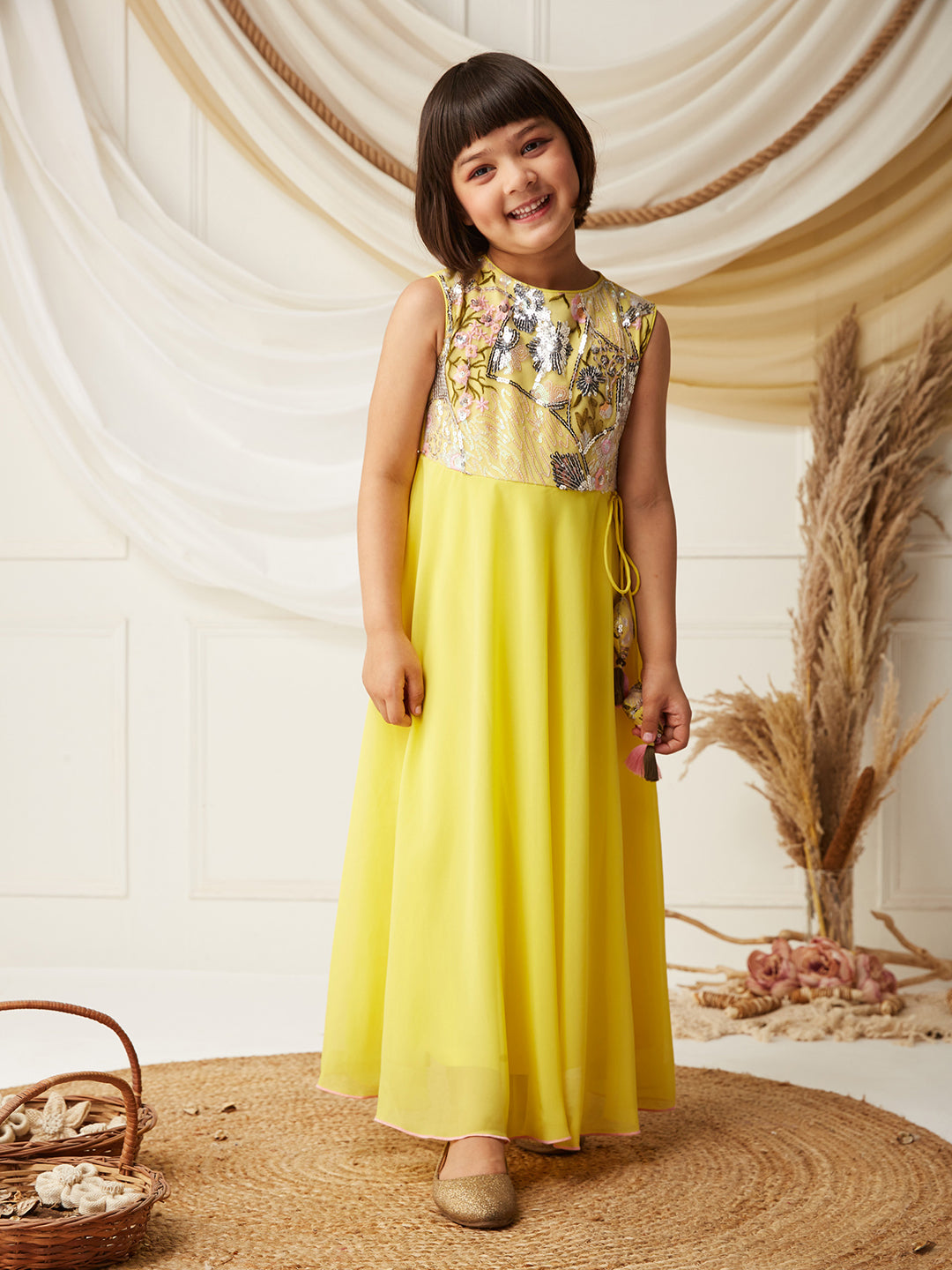 Multicolored-Base-Light Yellow Round-Neck Sleeveless Embellished Flared Polyester Maxi Dress