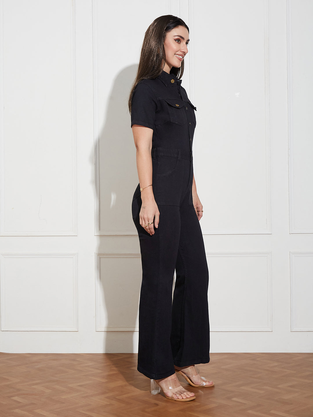 Women's Black Flared High Rise Regular Stretchable Denim Jumpsuit