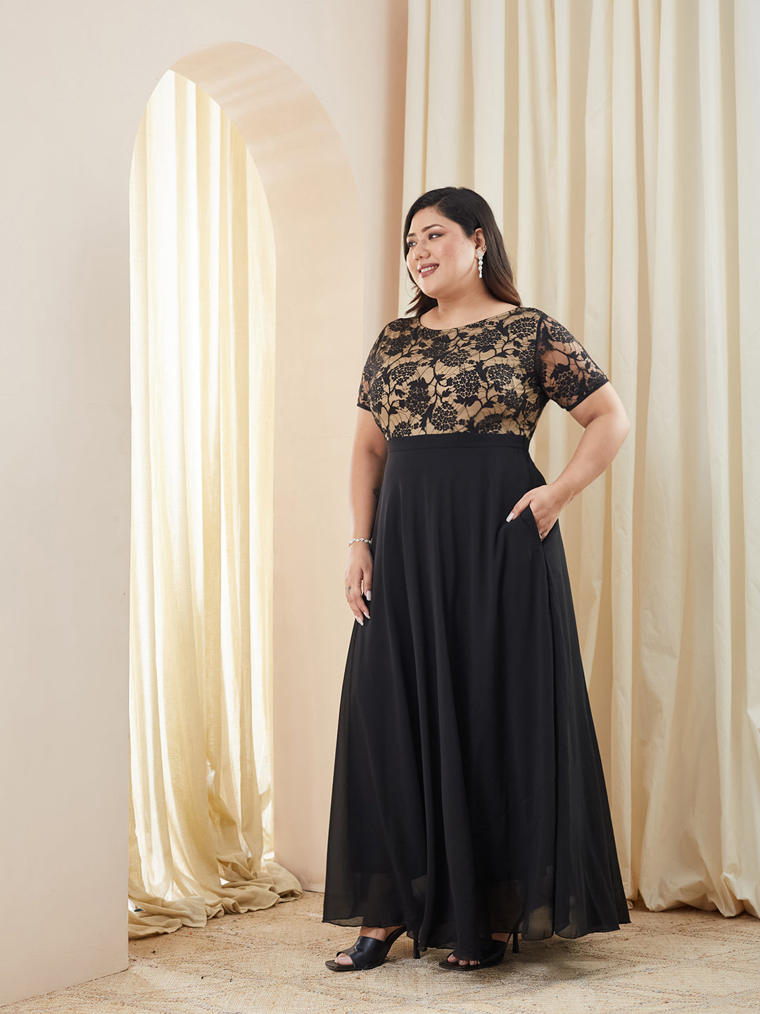 Black Round Neck Half Sleeve Self Design Fit & Flare Georgette Maxi Dress for Women — Miss Chase A+