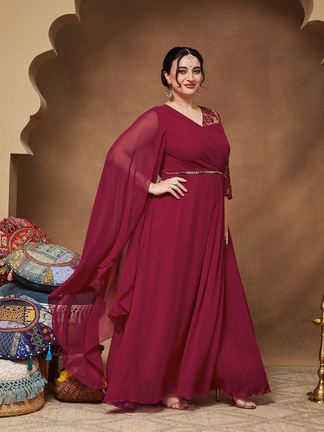 Dark Pink V-Neck Asymmetric Self-Designed Georgette Maxi Dress for Women
