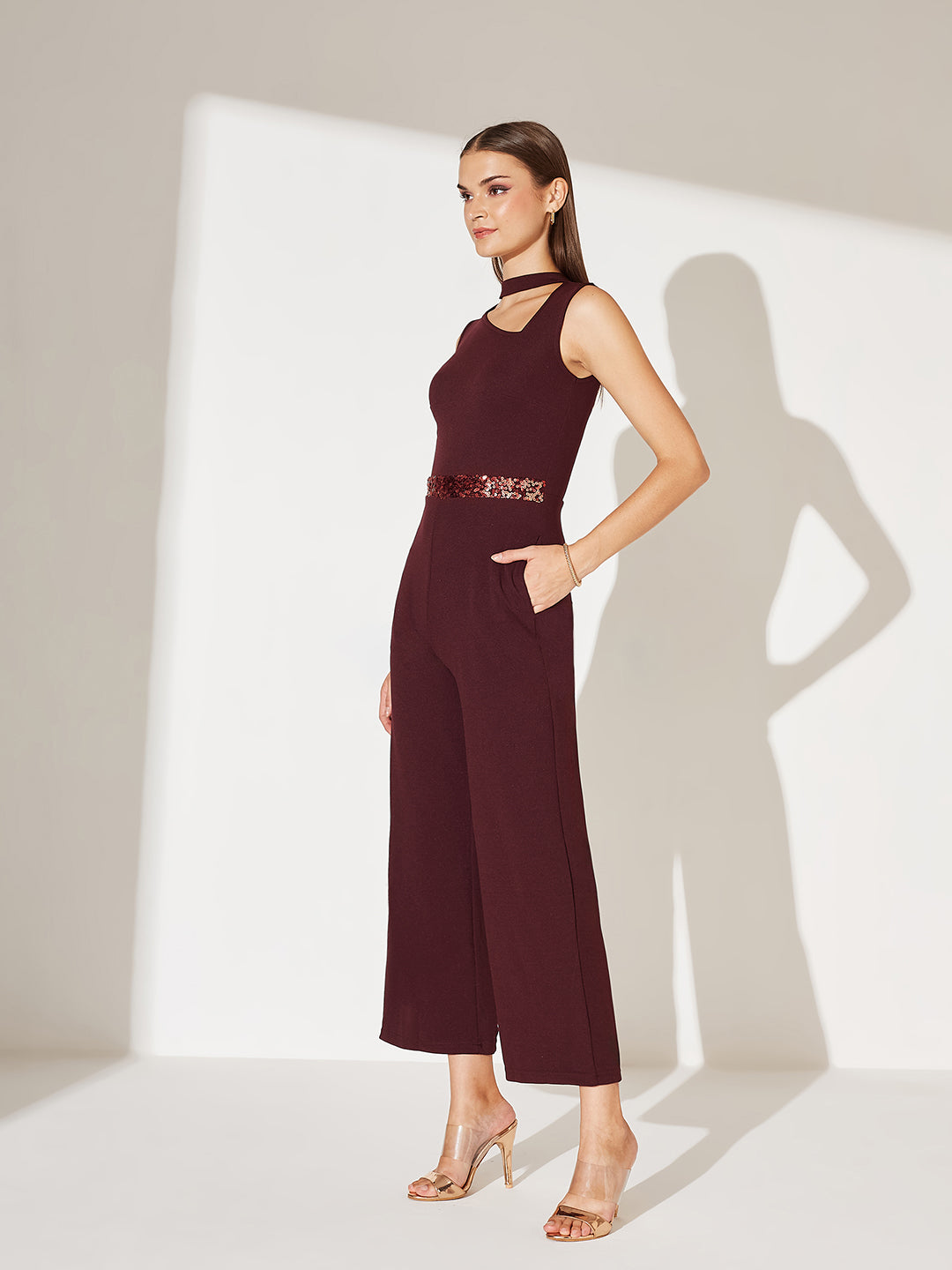 Women's Wine Collared Sleeveless Solid Asymmetric Neck Cut-Out  Jumpsuit