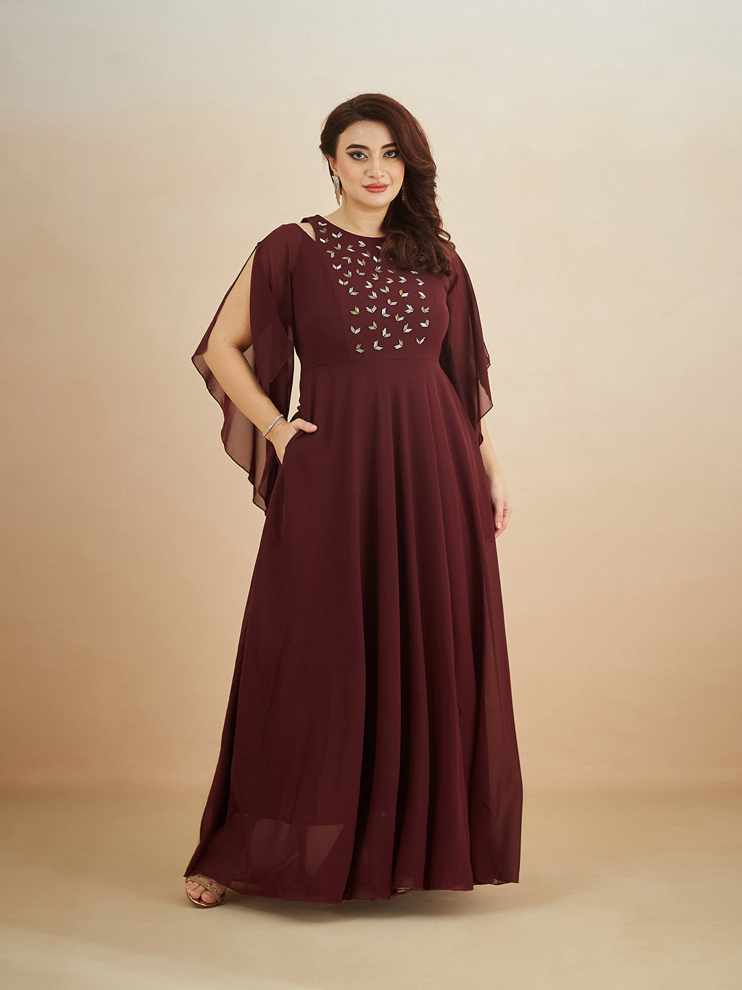 Wine Solid Relaxed Fit Round Neck Flared Sleeve Maxi Dress for Women — Miss Chase A+