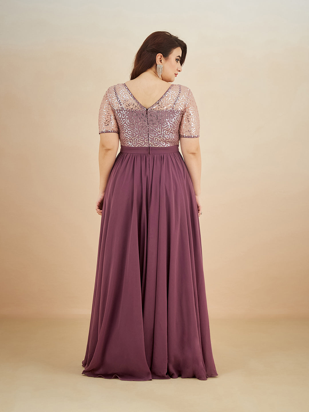 Mauve Relaxed Fit Maxi Georgette & Sequins Dress for Women