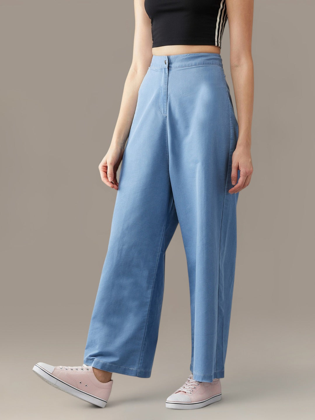 Blue Flared Wide-Leg High Rise Non Stretchable Denim Pants for Women