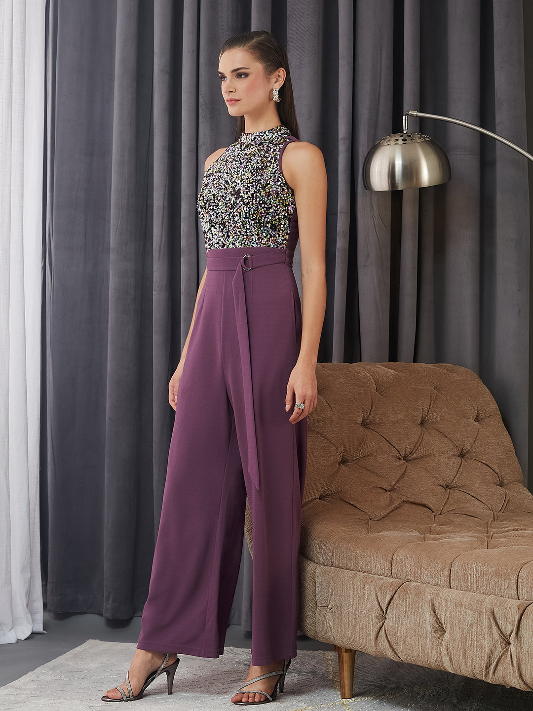 Women's Multicolored Base Lavender Sleeveless Embellished Halter Neck Regular Jumpsuit