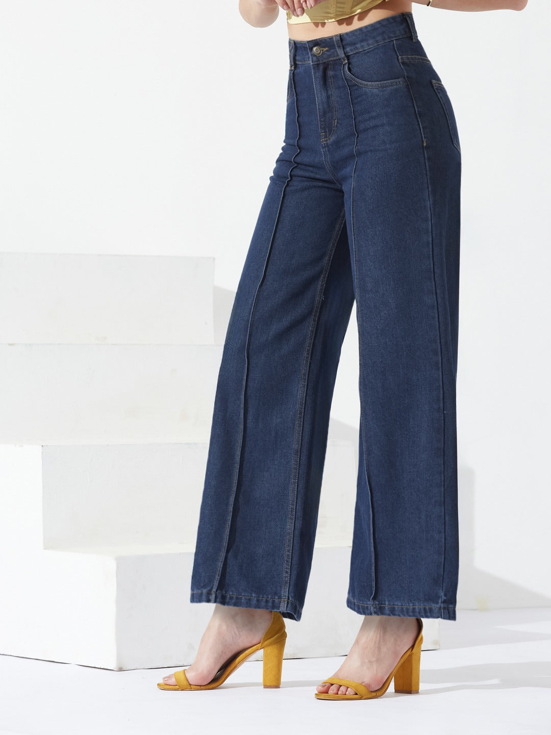 Navy Blue Wide-Leg High-Rise Non-stretchable Denim Jeans for Women