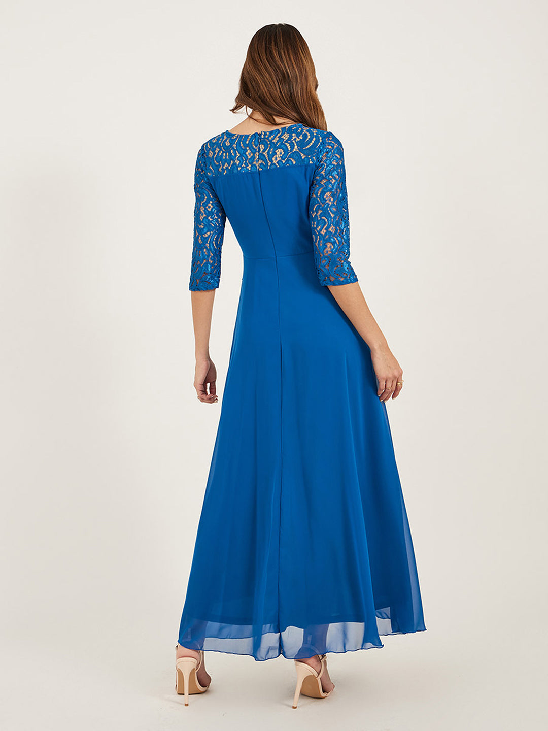 Women's Royal Blue V-Neck 3/4 Sleeve Self-Designed Wrap-Styled Georgette Maxi Dress