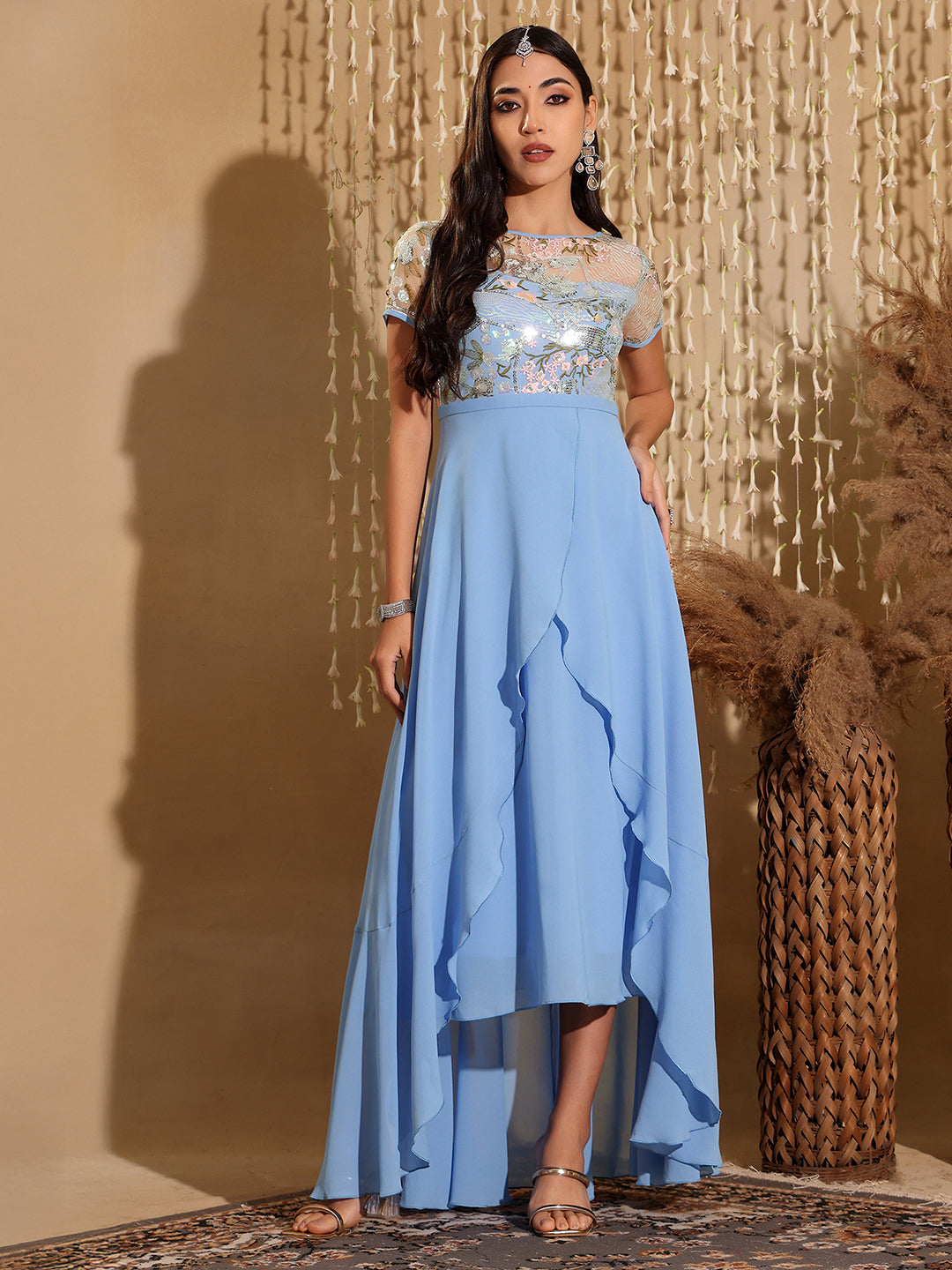 Women's Multicolored-Base-Sky Blue Round Neck Short Sleeve Floral Layered Georgette Midi Dress