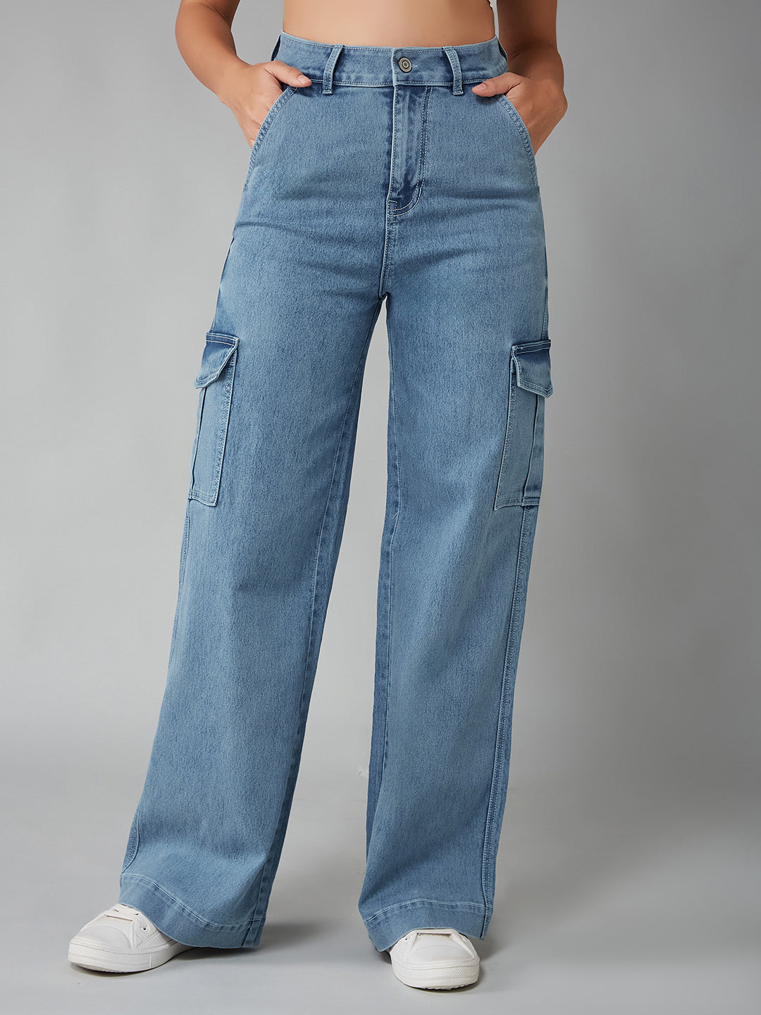 Women's Light Blue Wide-Leg High-Rise Clean-Look Regular-Length Stretchable Flared Cargo Style Denim Jeans