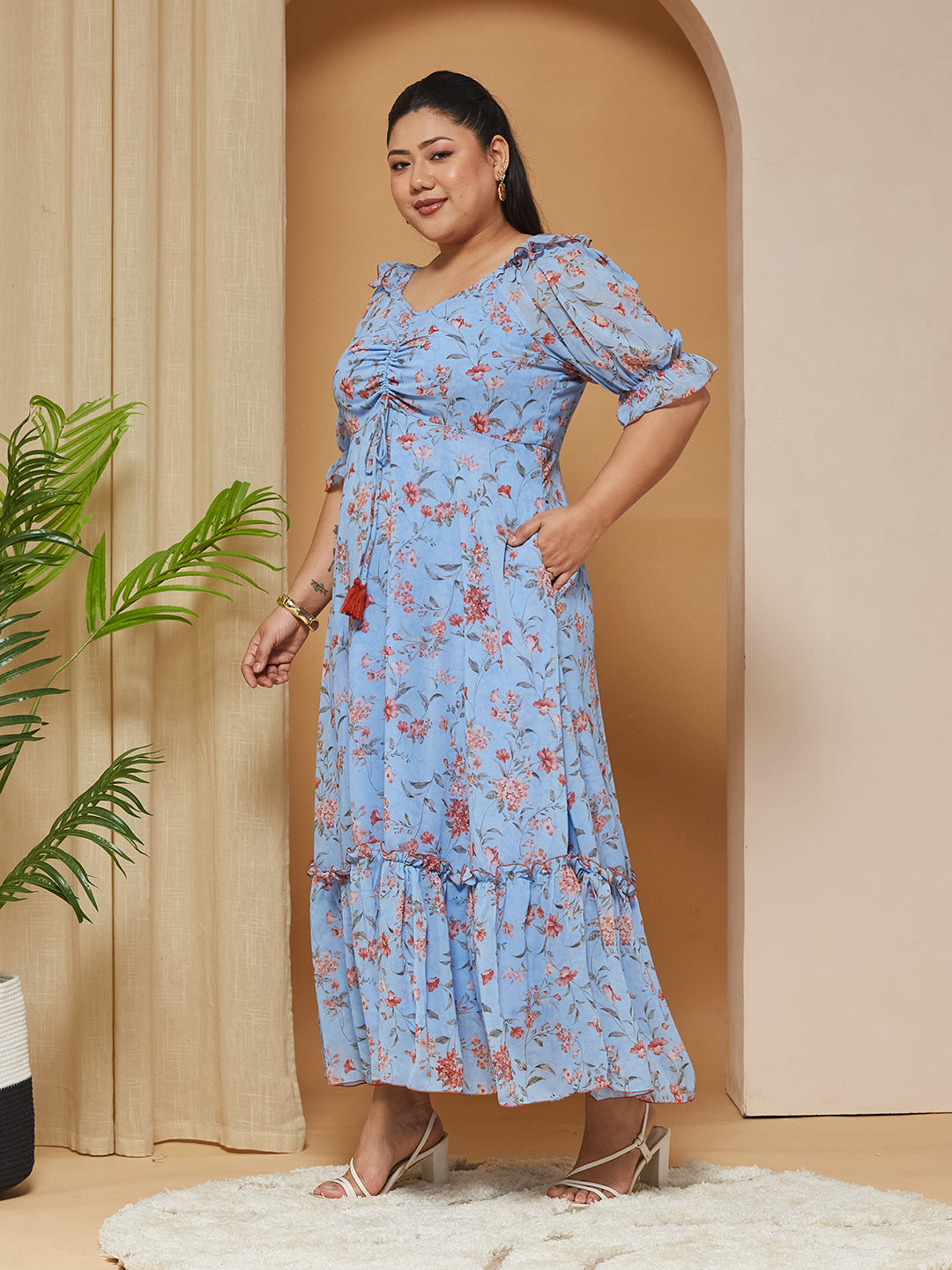 Multicolored-Base-Powder Blue V-Neck Puff-Sleeves Floral Ruching Ankle-Length Dress for Women