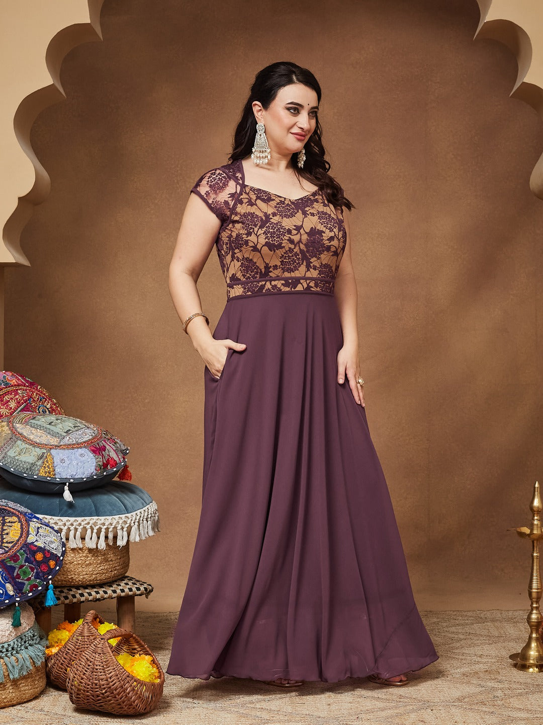 Mauve Sweetheart-Neck Raglan-Sleeve Self-Designed Fit & Flare Georgette Maxi Dress for Women