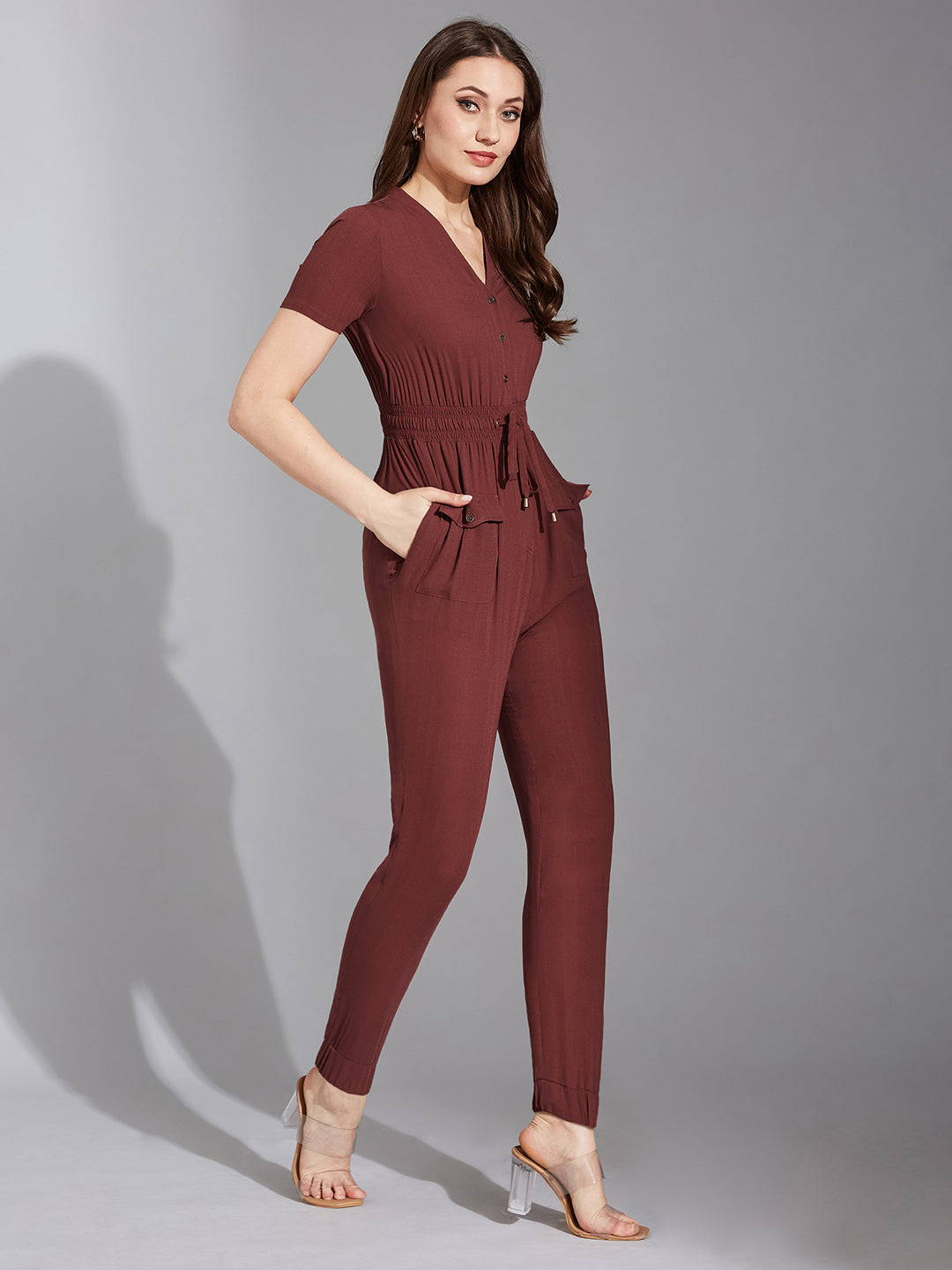 Women's Light Burgundy V-Neck Short Sleeve Solid Straight Leg Polyester Regular Jumpsuit