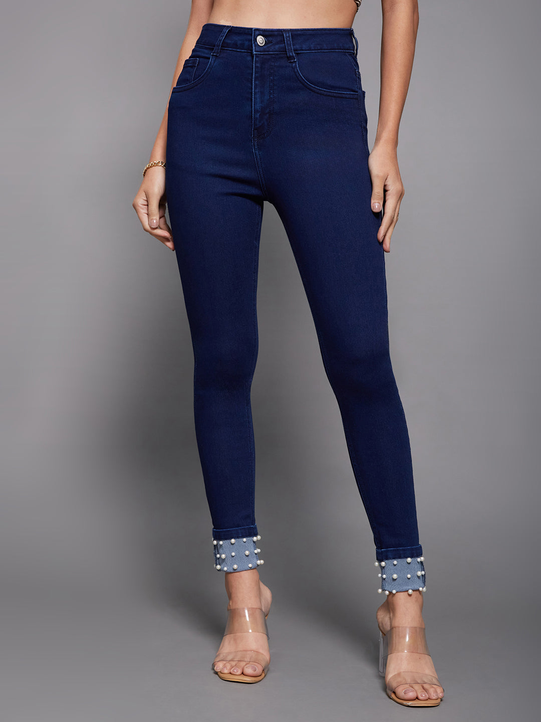 Women's Navy Blue Skinny Fit High Rise Regular Length Pearl Embellished On The Hem Denim Stretchable Jeans