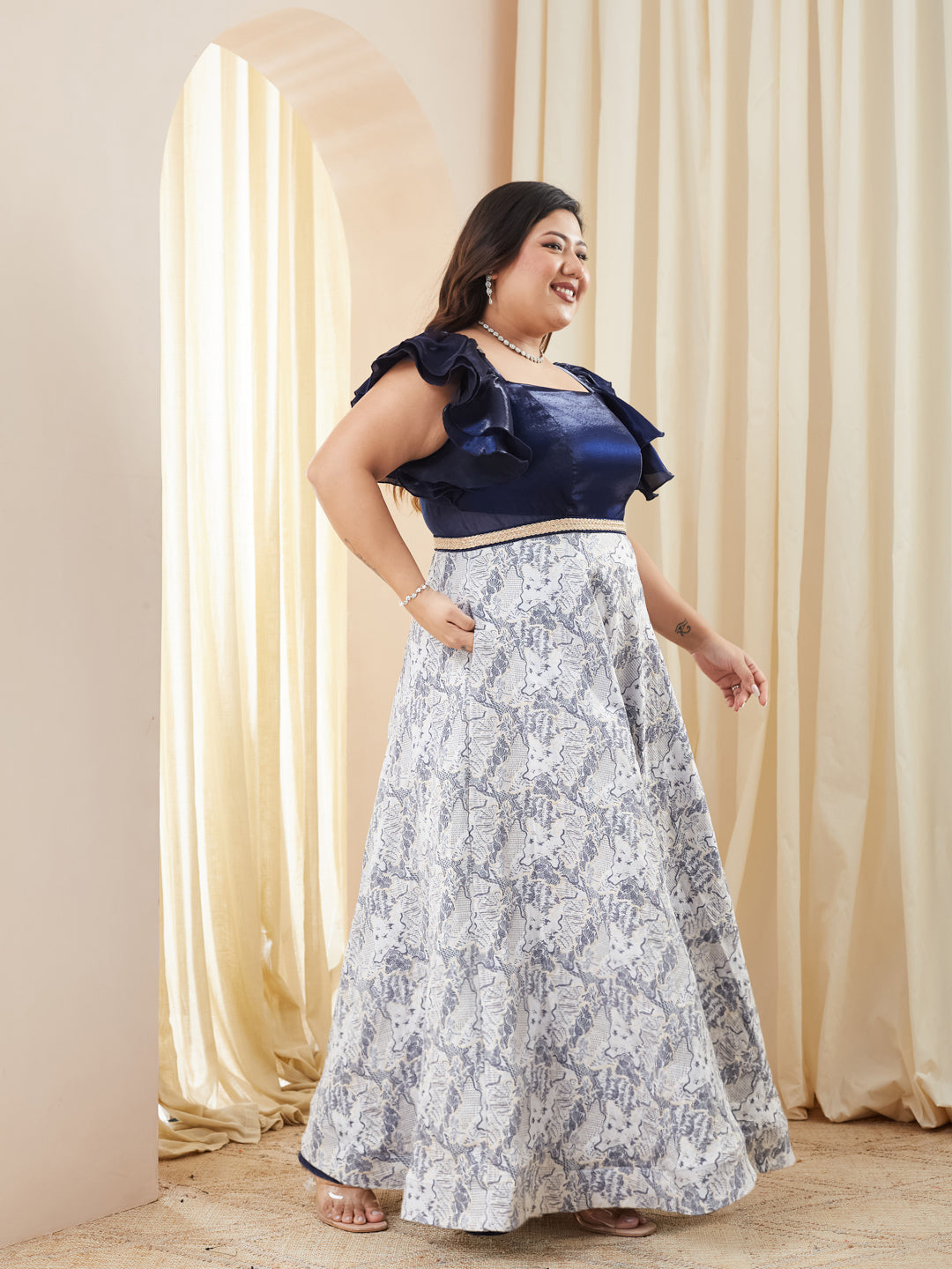 Navy Blue White Square Neck Ruffled Floral Maxi Dress for Women