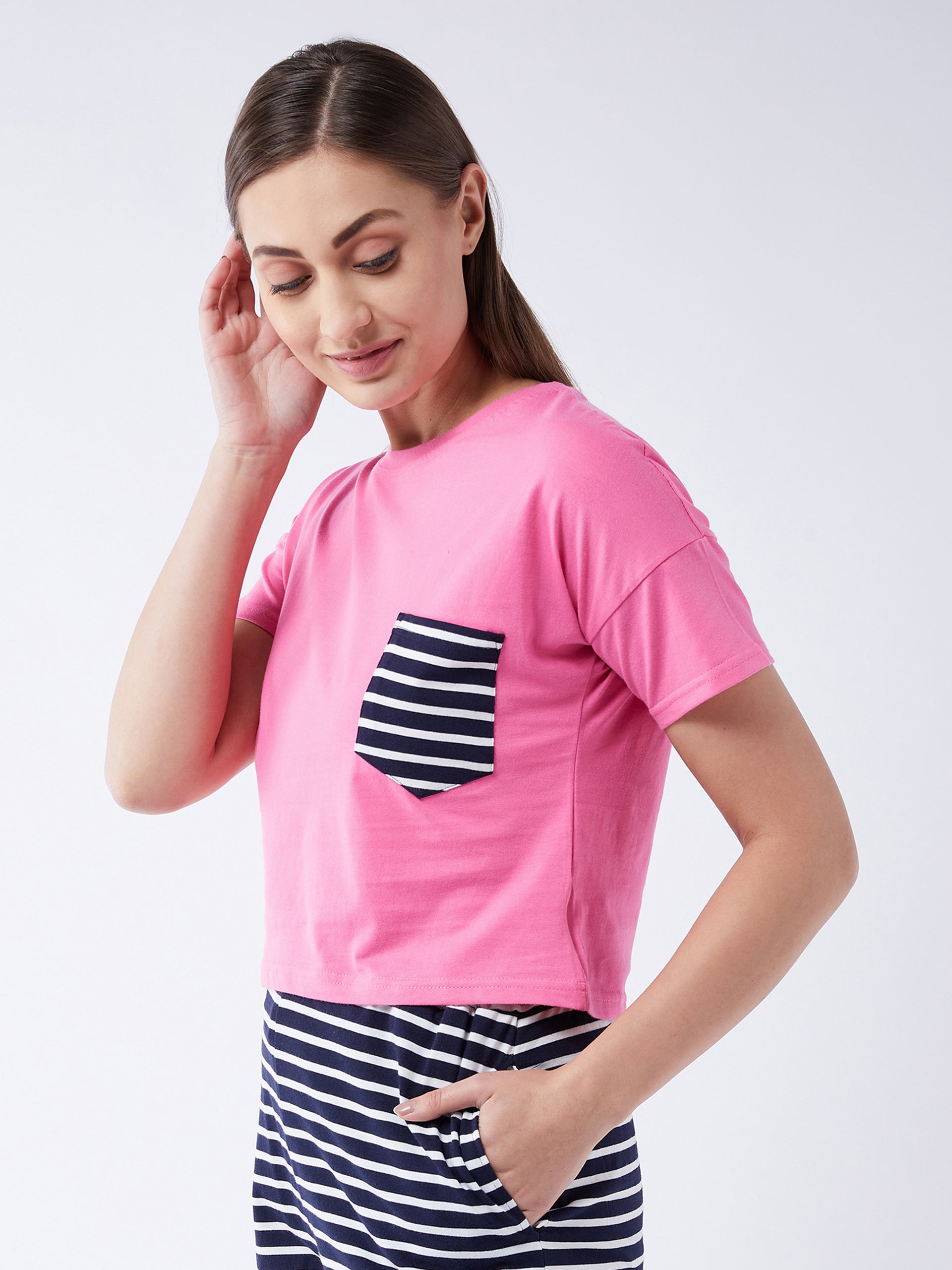 Women's Pink Round Neck Short Sleeve Solid Crop Length T-shirt