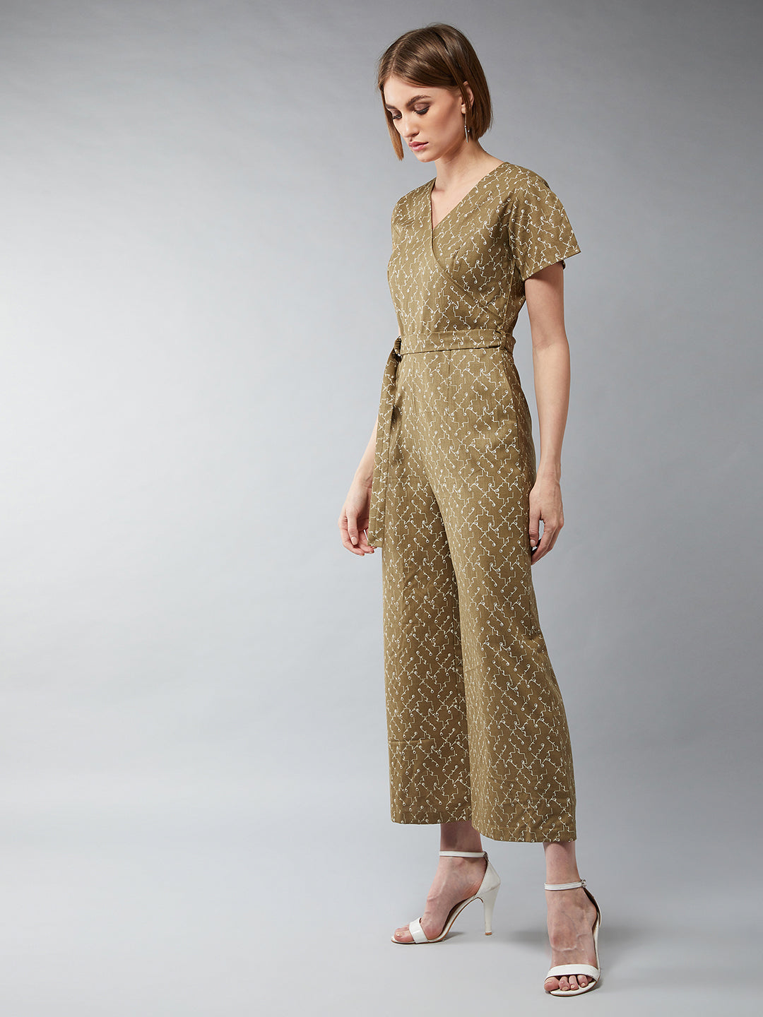 Women's Multicolor-Base Olive Geen V-Neck Half Sleeves Abstract Wide Leg Jumpsuit
