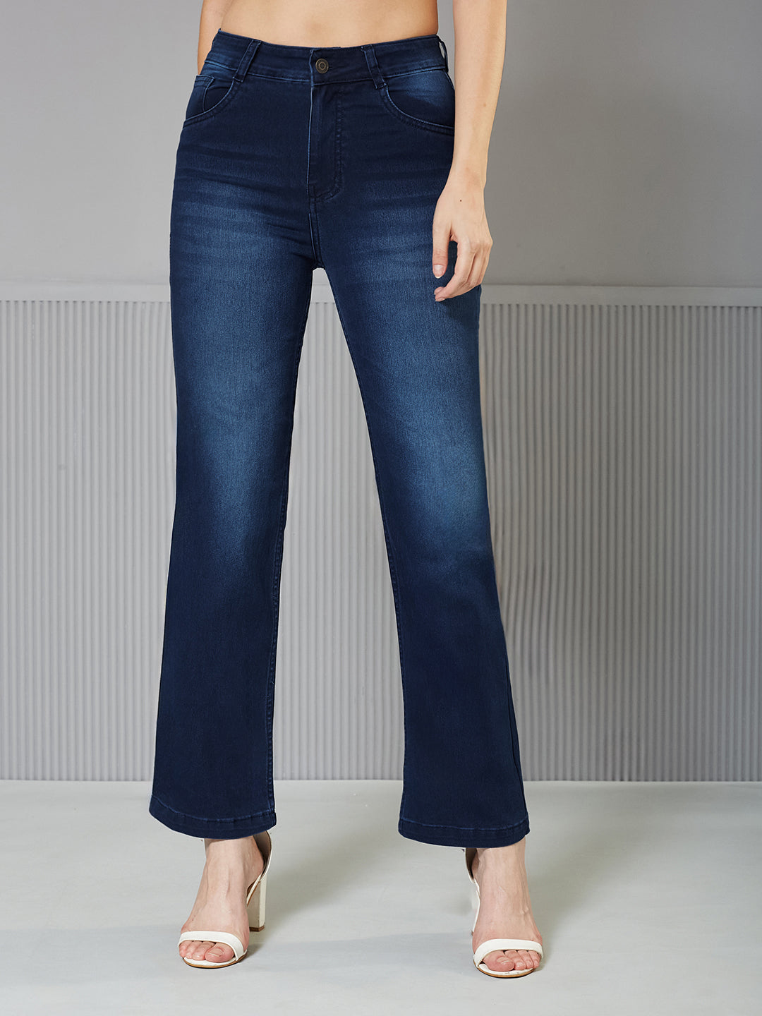 CHASEstretch™ Navy-Blue Wide-Leg Mid-Rise Regular Stretchable Denim Jeans for Women — Miss Chase
