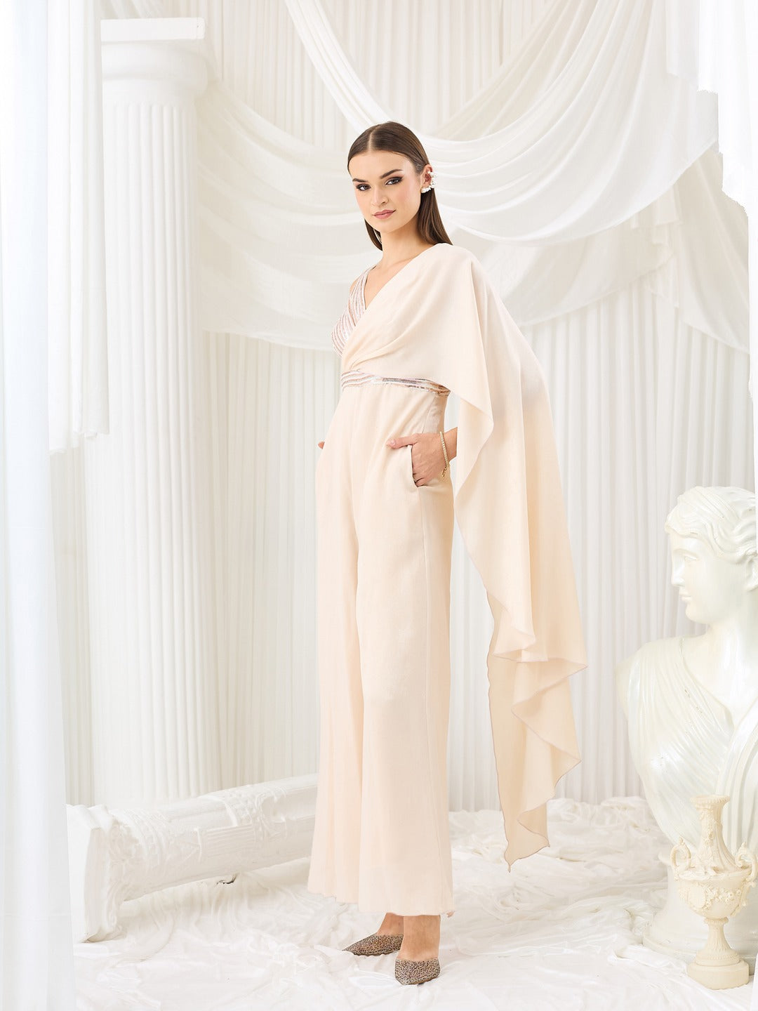 Ivory V-Neck Jumpsuit in Embellished Pleated Luxe Satin for Women