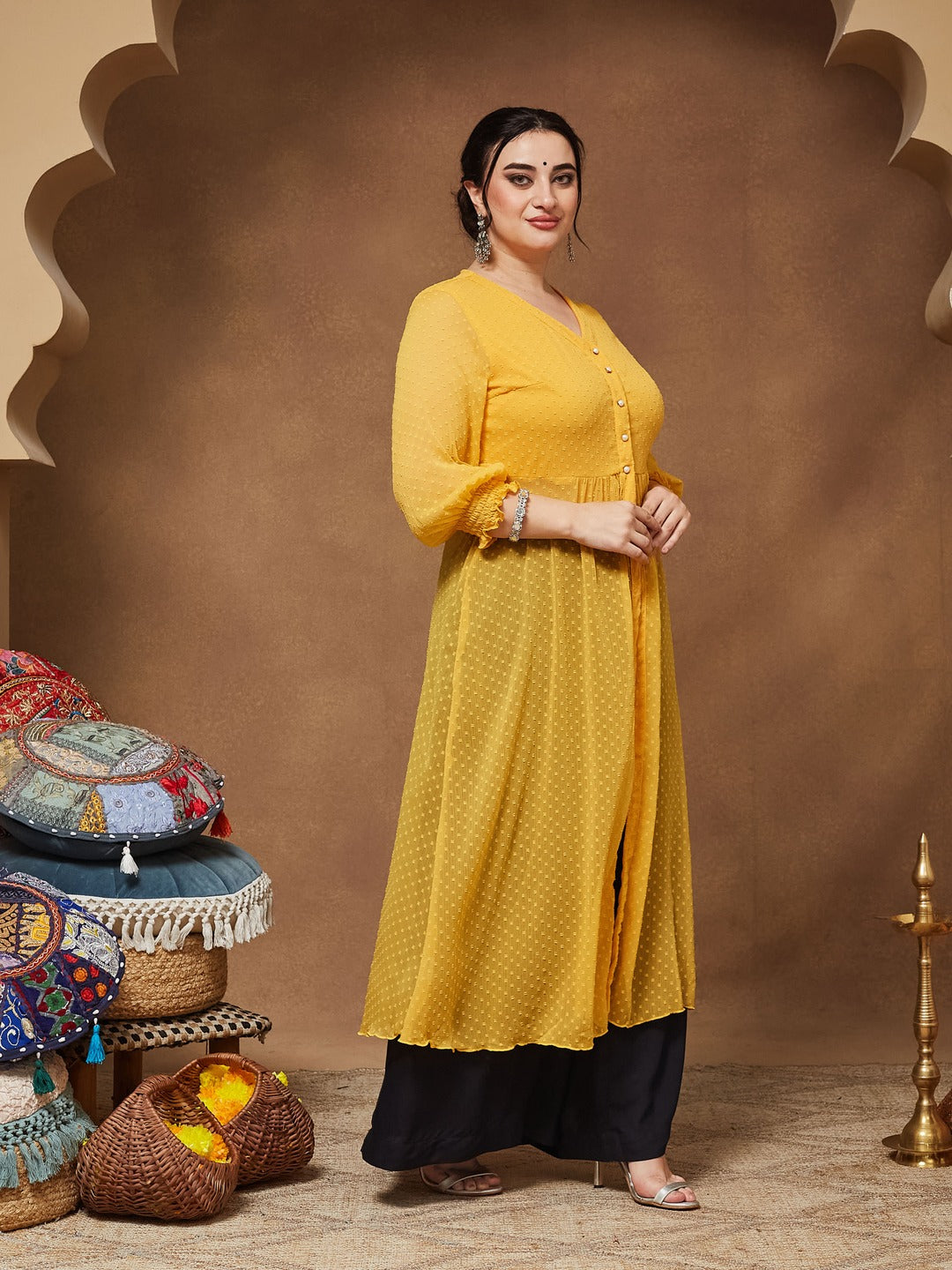 Mustard Yellow V-Neck 3/4 Sleeves solid empire Maxi Top for Women — Miss Chase A+