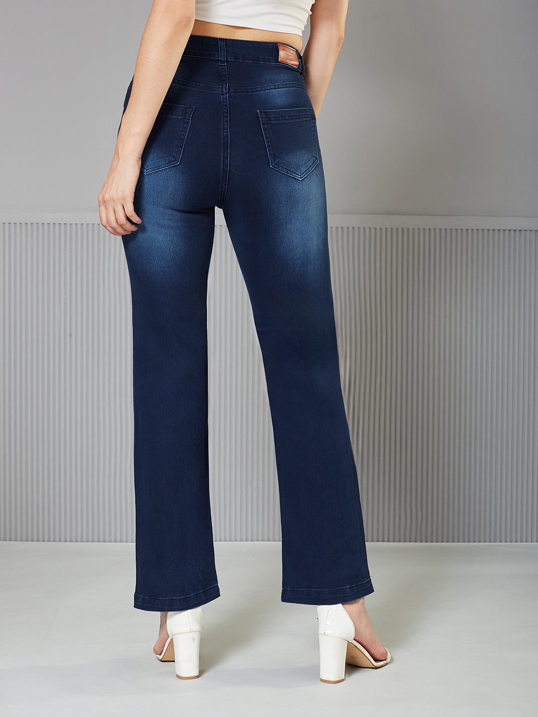 Women's Navy blue Wide leg Mid-Rise clean-look Regular Stretchable Denim Jeans