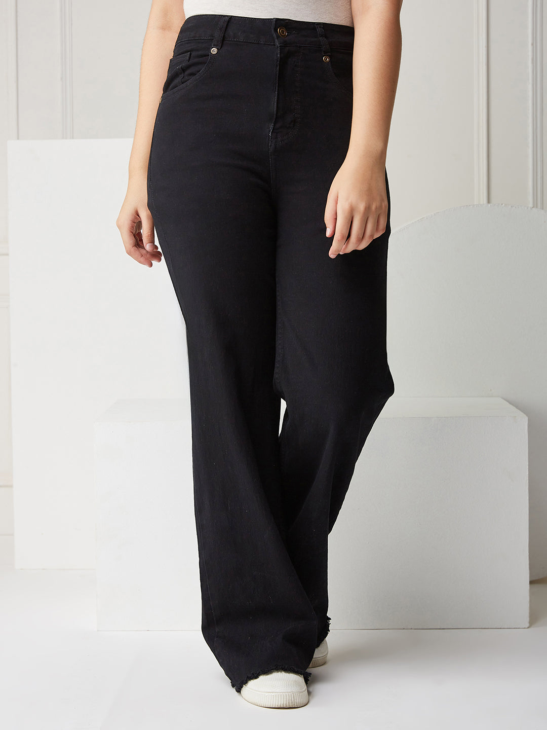 Black High Rise Clean-Look Regular-Length Stretchable Wide Leg Denim Jeans