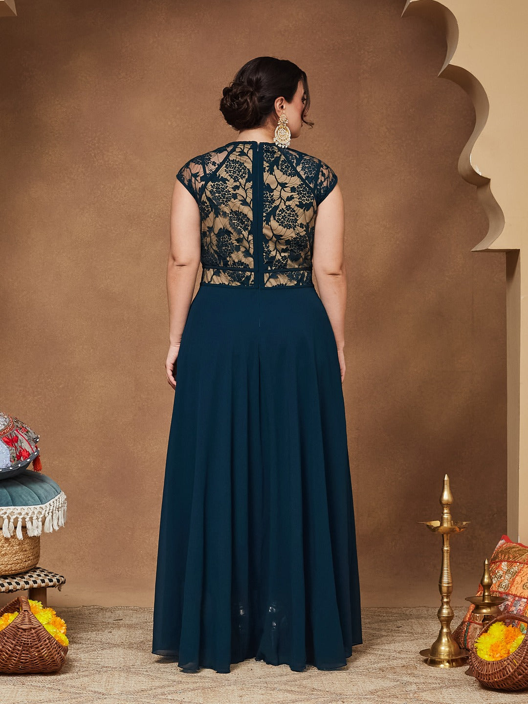 Teal Floral V - Neck Cap Short Sleeves Lace Overlaid Fit & Flare Paneled Maxi Dress for Women