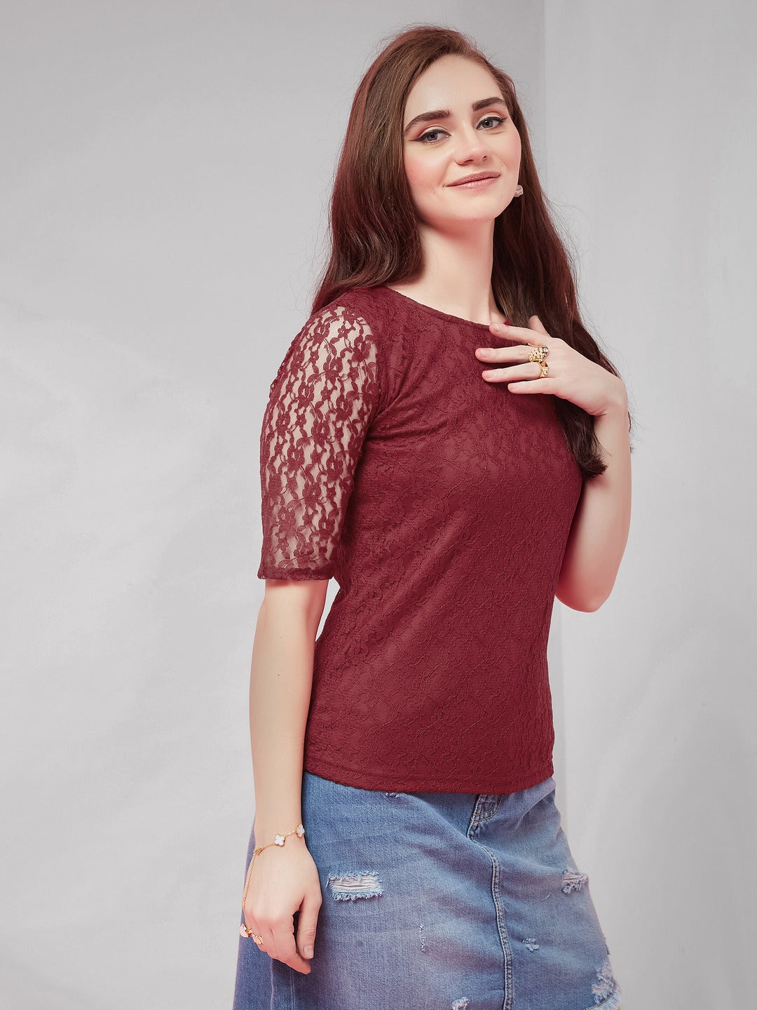 Maroon Round Neck Half Sleeves Basic Lace Crop Top for Women