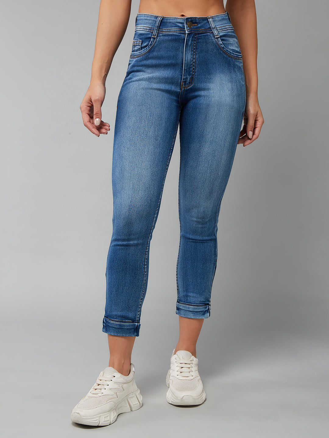 Women's Blue Skinny Fit High Rise Ankle Length Acid Wash Blast Effect Denim Stretchable Jeans